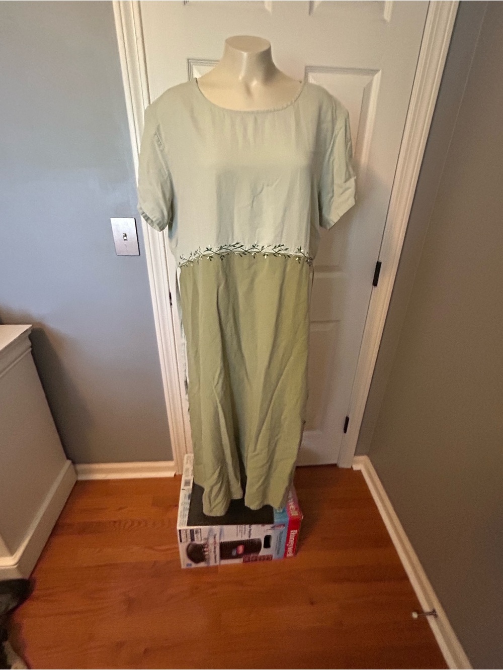 Light Sage Two-Tone Maxi Dress with Embroidered Waist